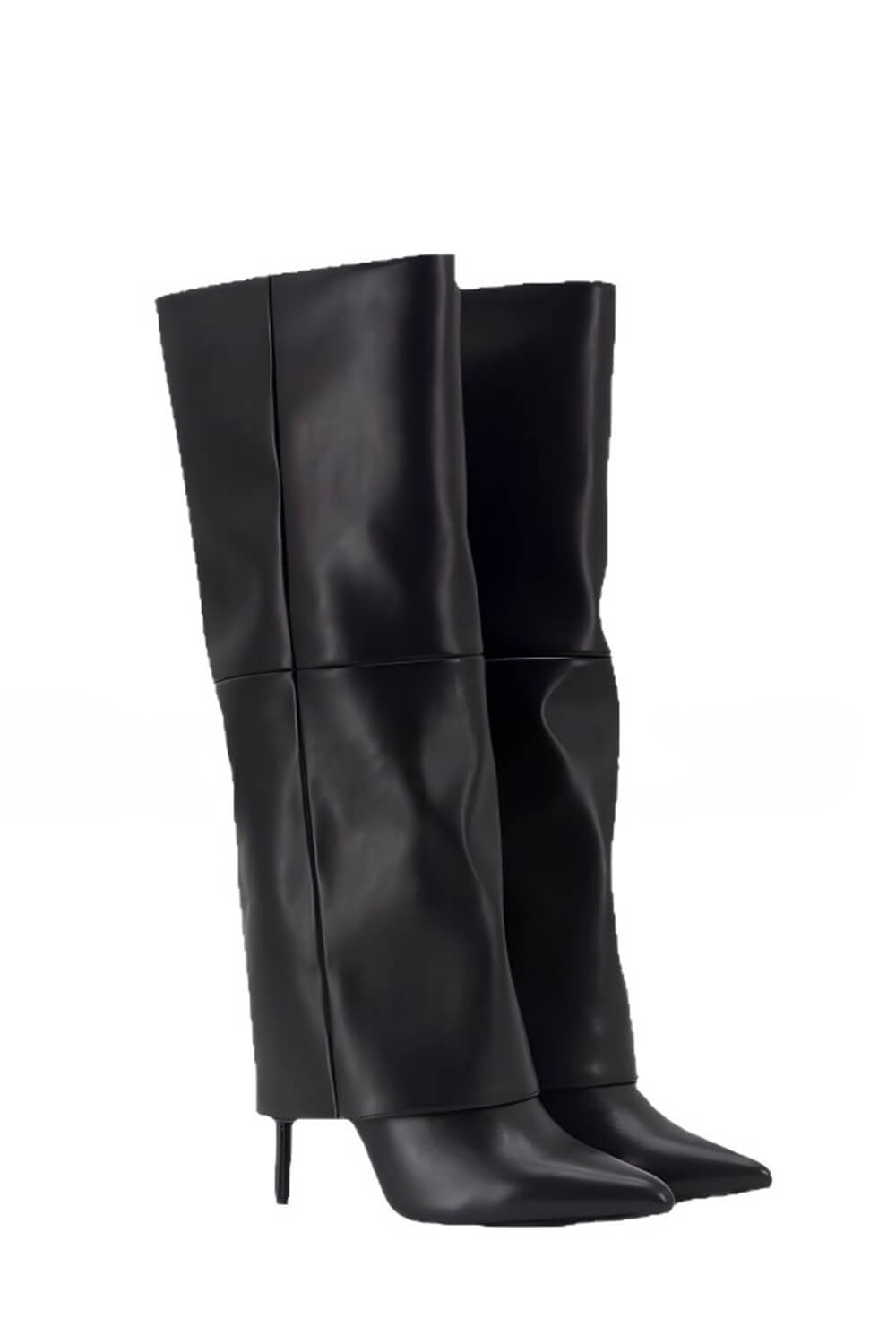 Black Faux Leather Folded Over Knee High Stiletto Heeled Boots