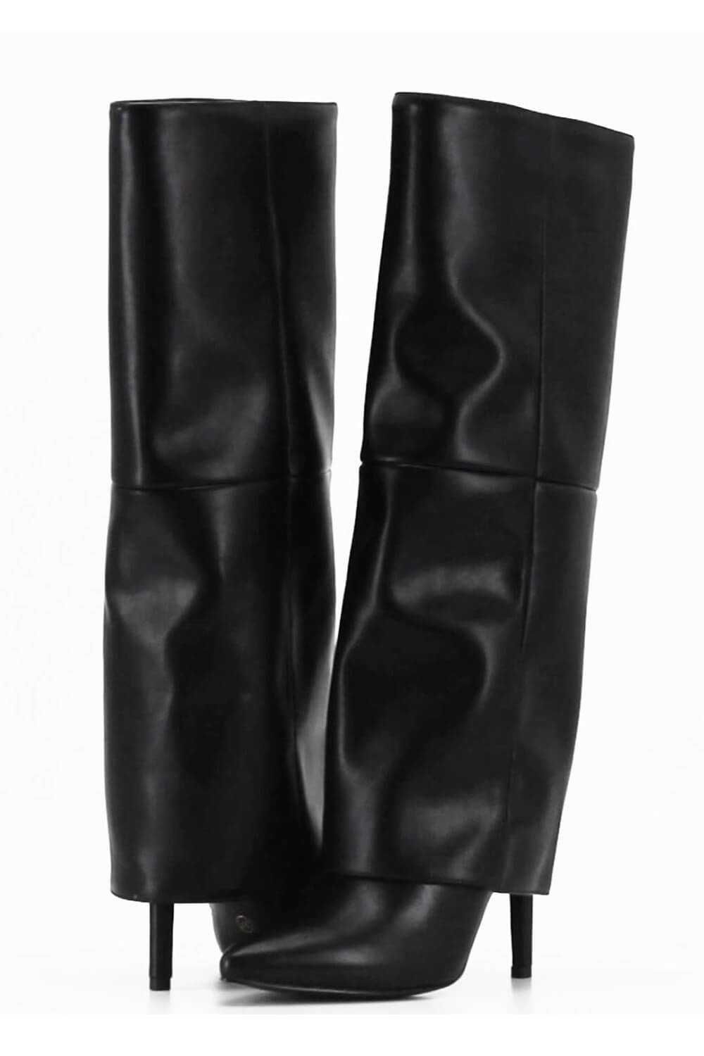 Black Faux Leather Folded Over Knee High Stiletto Heeled Boots