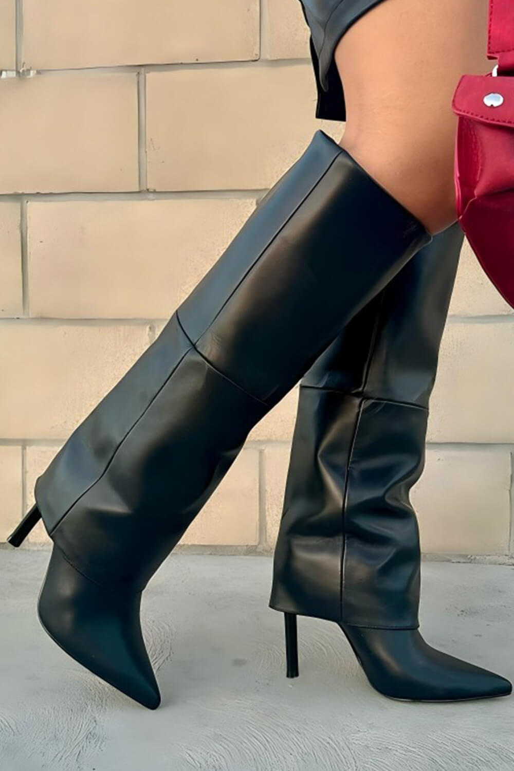 Black Faux Leather Folded Over Knee High Stiletto Heeled Boots