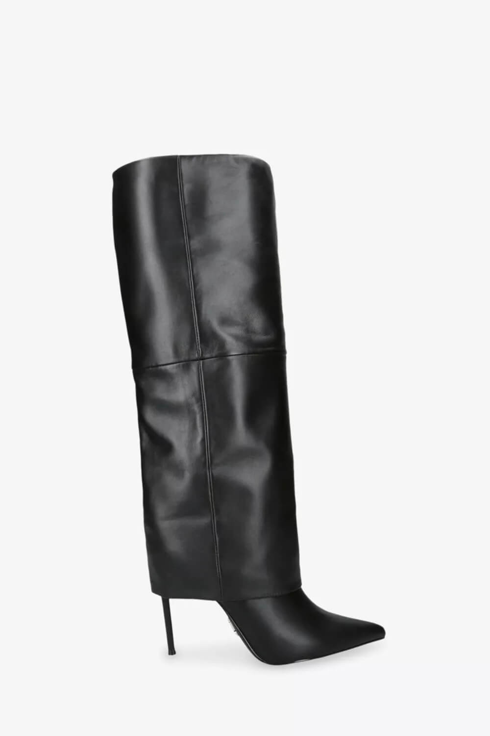 Black Faux Leather Folded Over Knee High Stiletto Heeled Boots