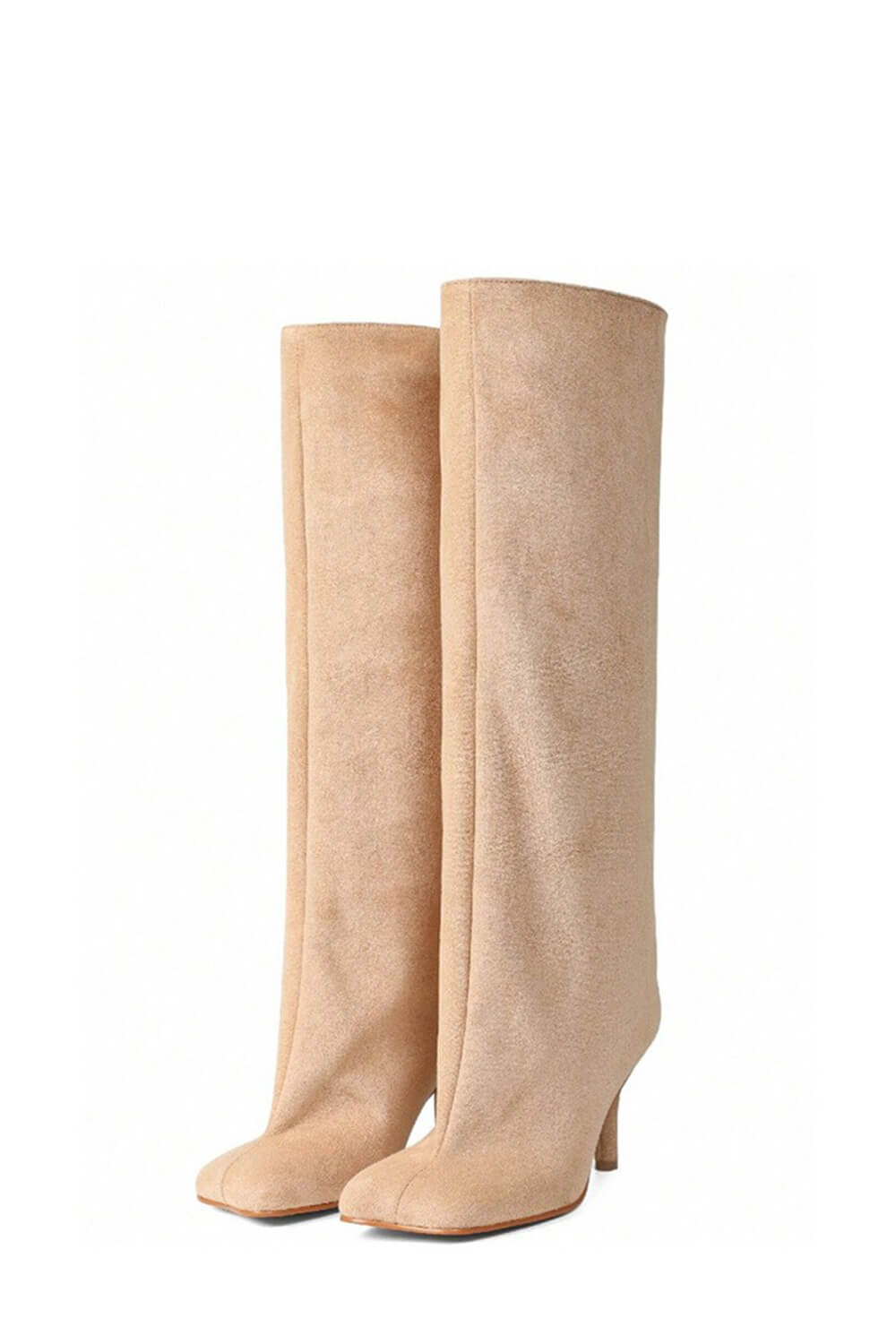 Faux Suede Slip-On Knee-High Boots - Beige