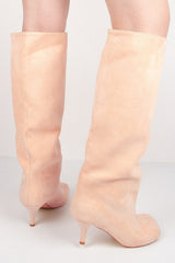 Faux Suede Slip-On Knee-High Boots - Beige