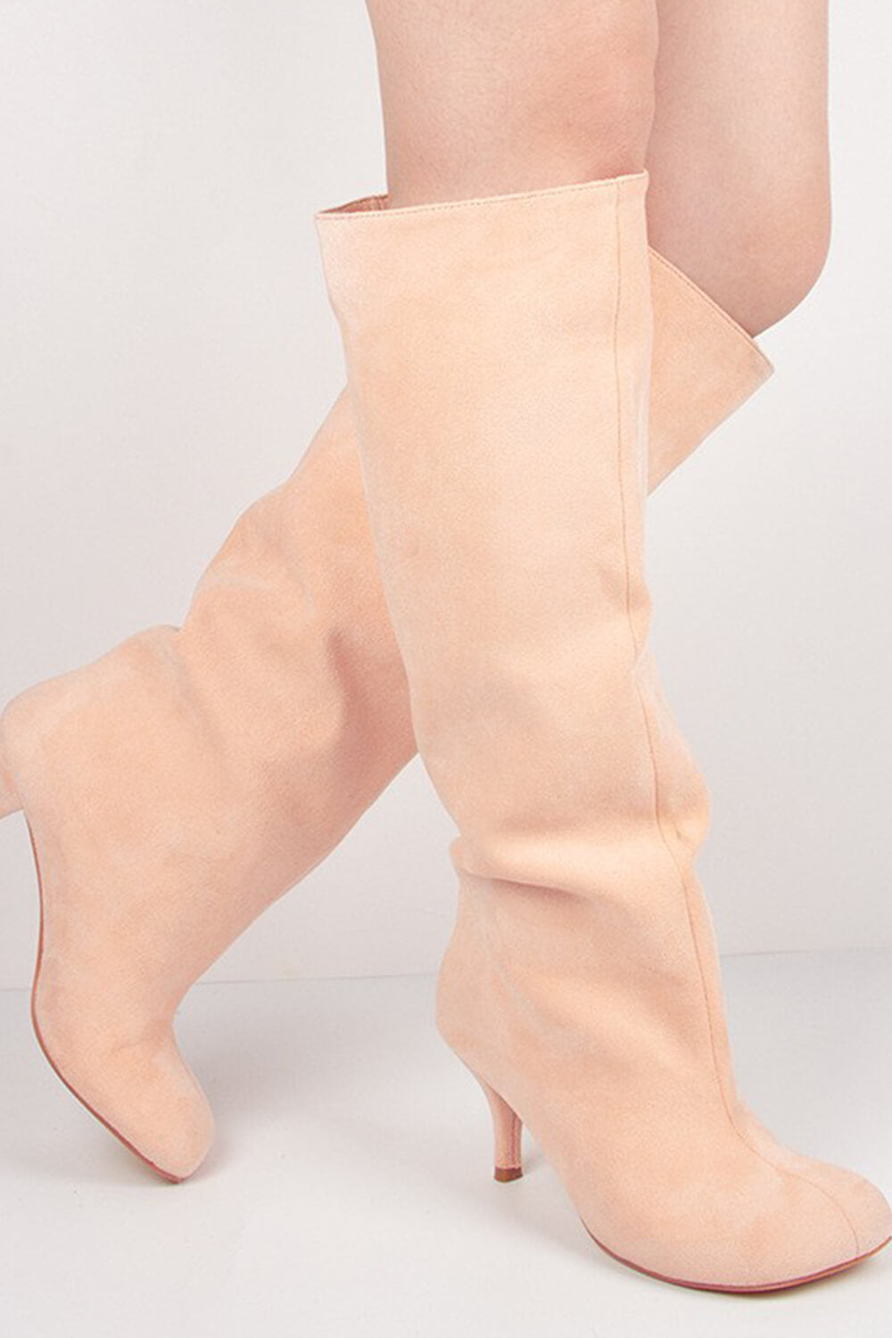 Faux Suede Slip-On Knee-High Boots - Beige