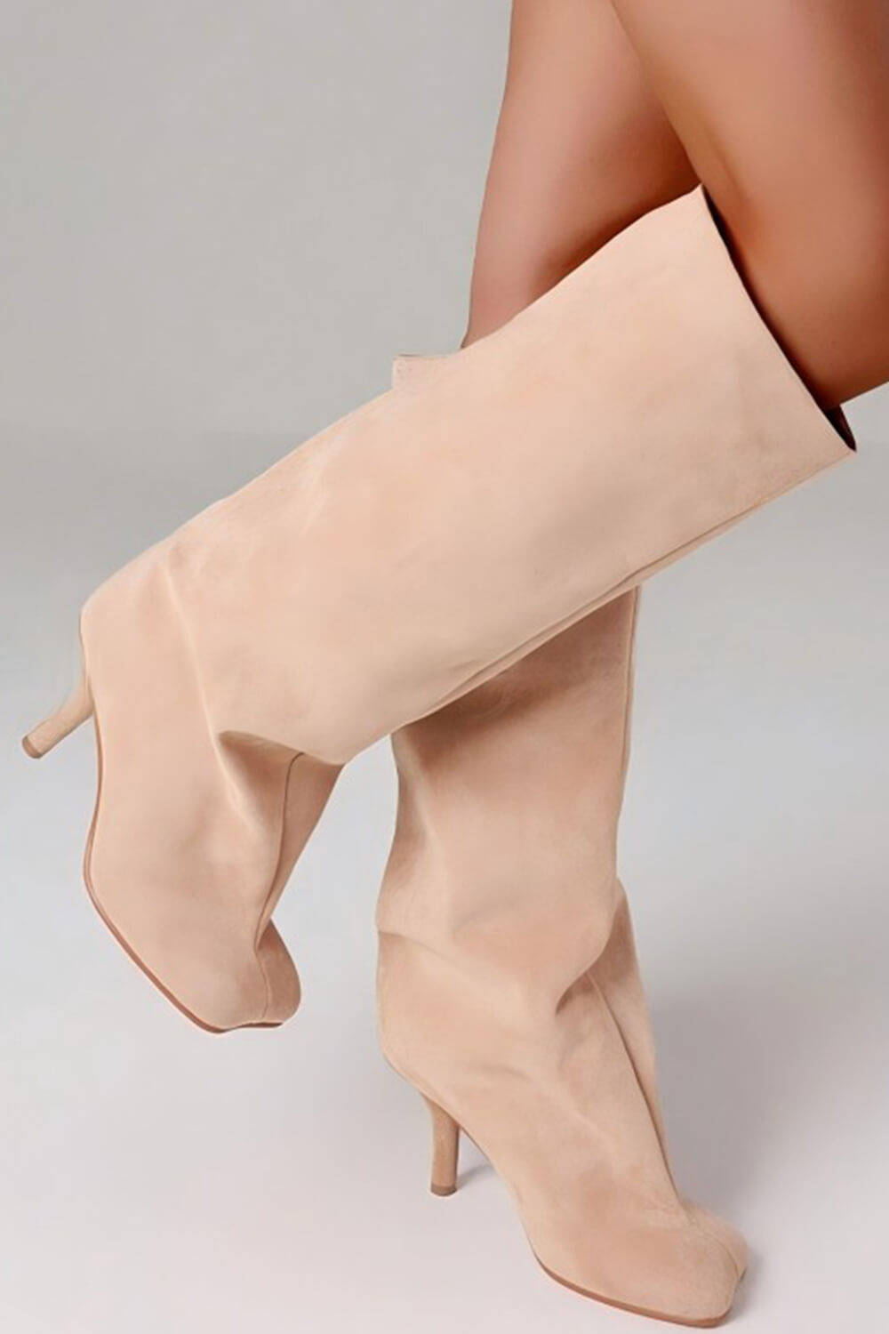 Faux Suede Slip-On Knee-High Boots - Beige