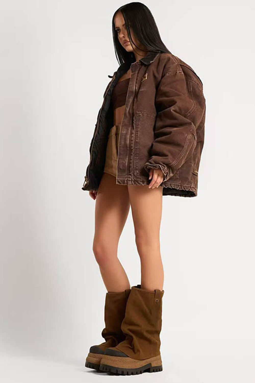Faux Suede Fold Over Round Toe Chunky Platform Boots - Brown