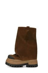 Faux Suede Fold Over Round Toe Chunky Platform Boots - Brown