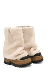 Shearling Fold Over Round Toe Chunky Platform Boots - Cream