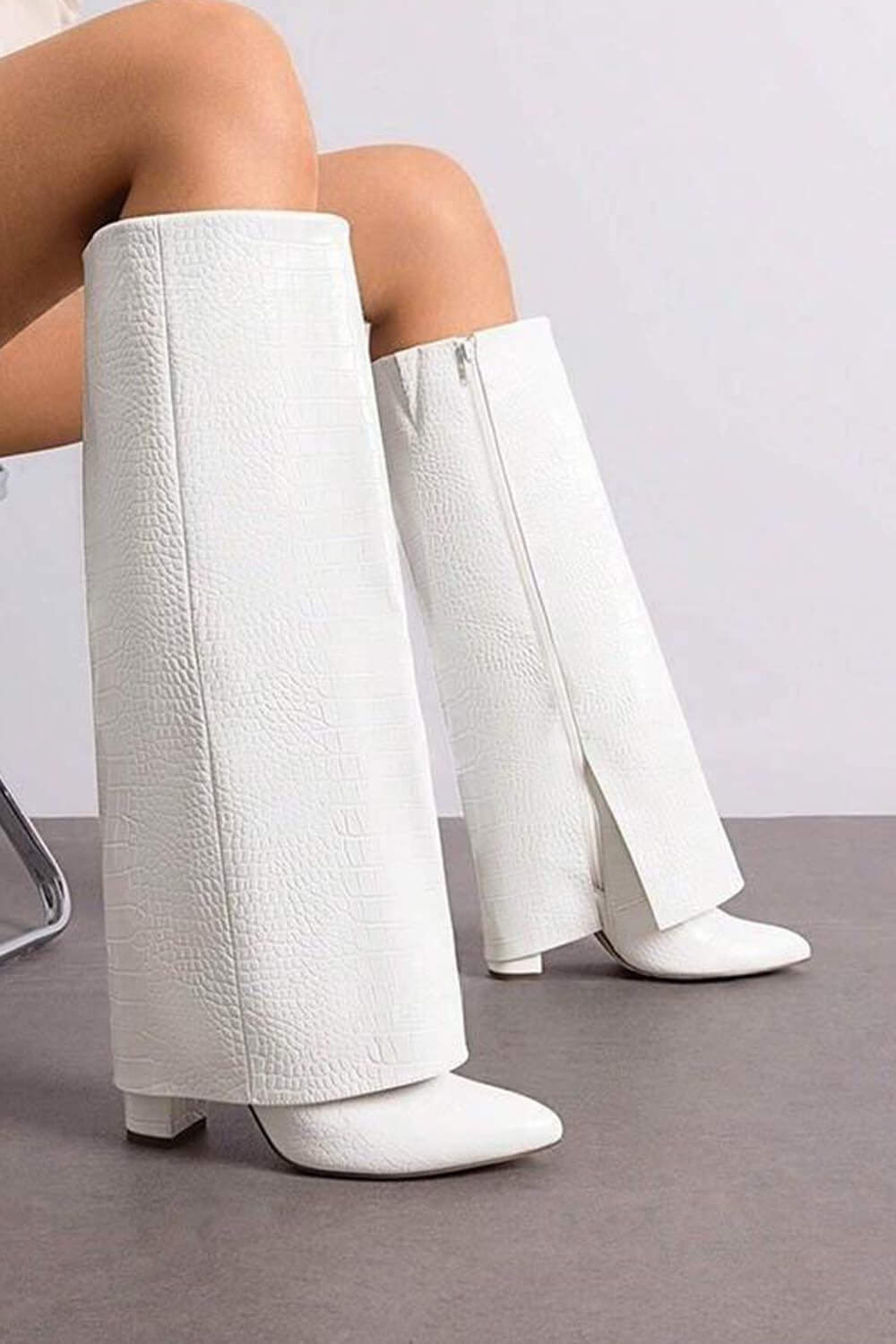 Faux Croc Leather Foldover Knee High Blocked Boots