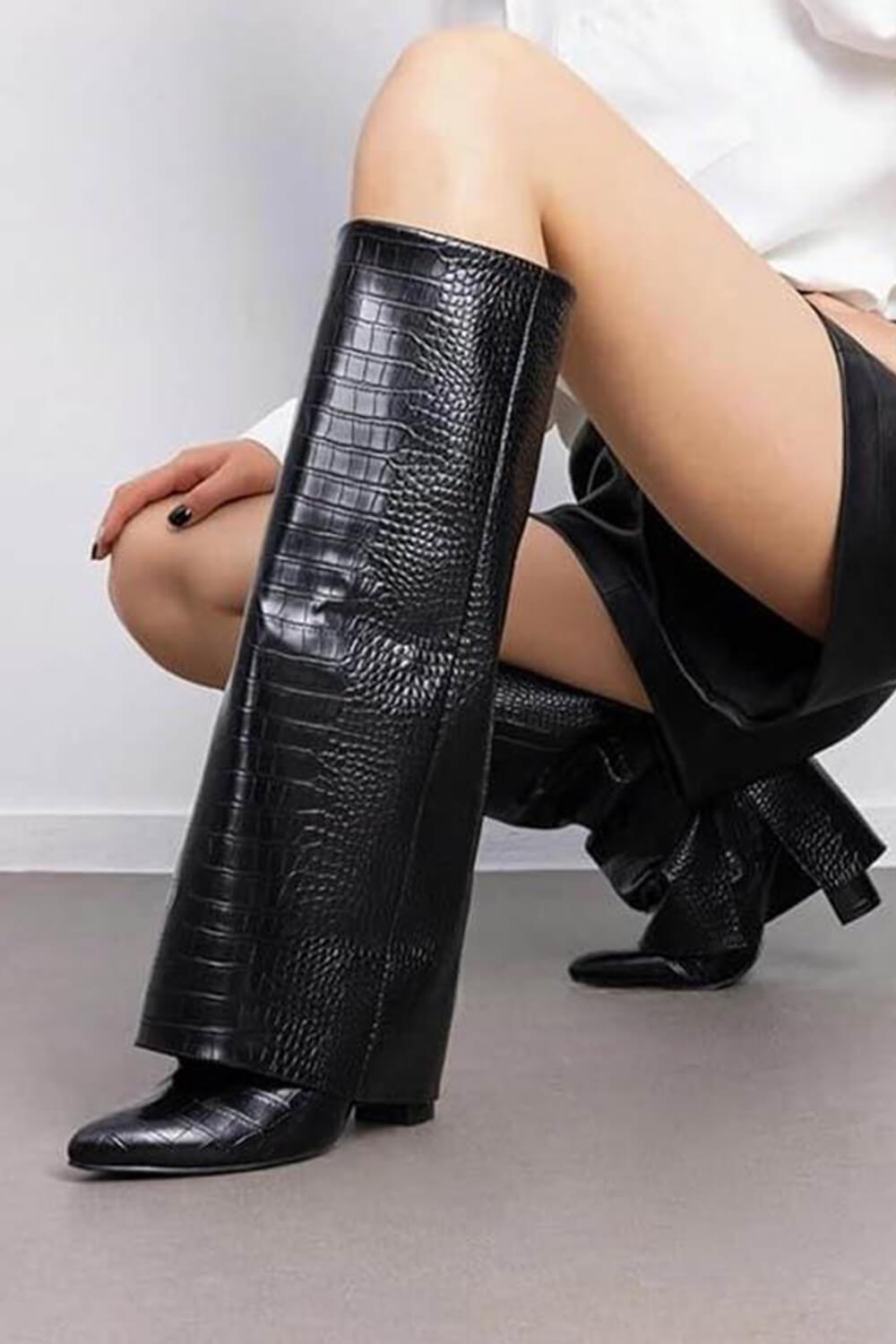 Faux Croc Leather Foldover Knee High Blocked Boots