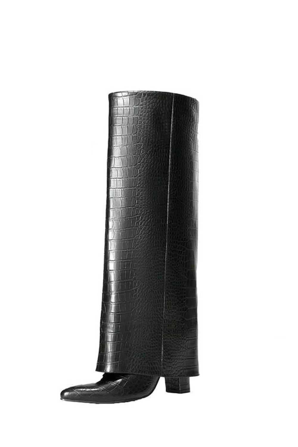 Faux Croc Leather Foldover Knee High Blocked Boots