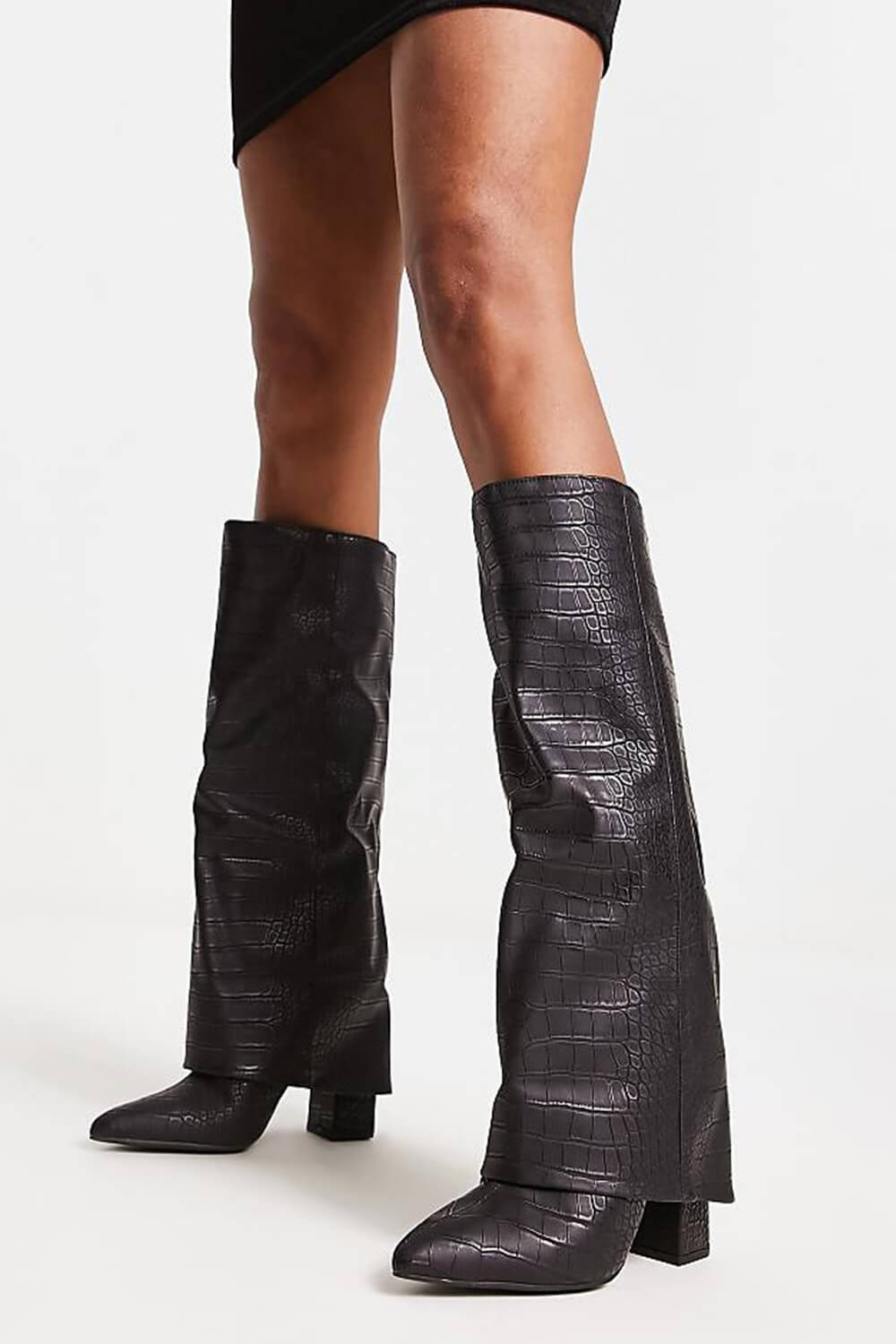 Faux Croc Leather Foldover Knee High Blocked Boots
