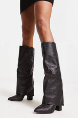 Faux Croc Leather Foldover Knee High Blocked Boots