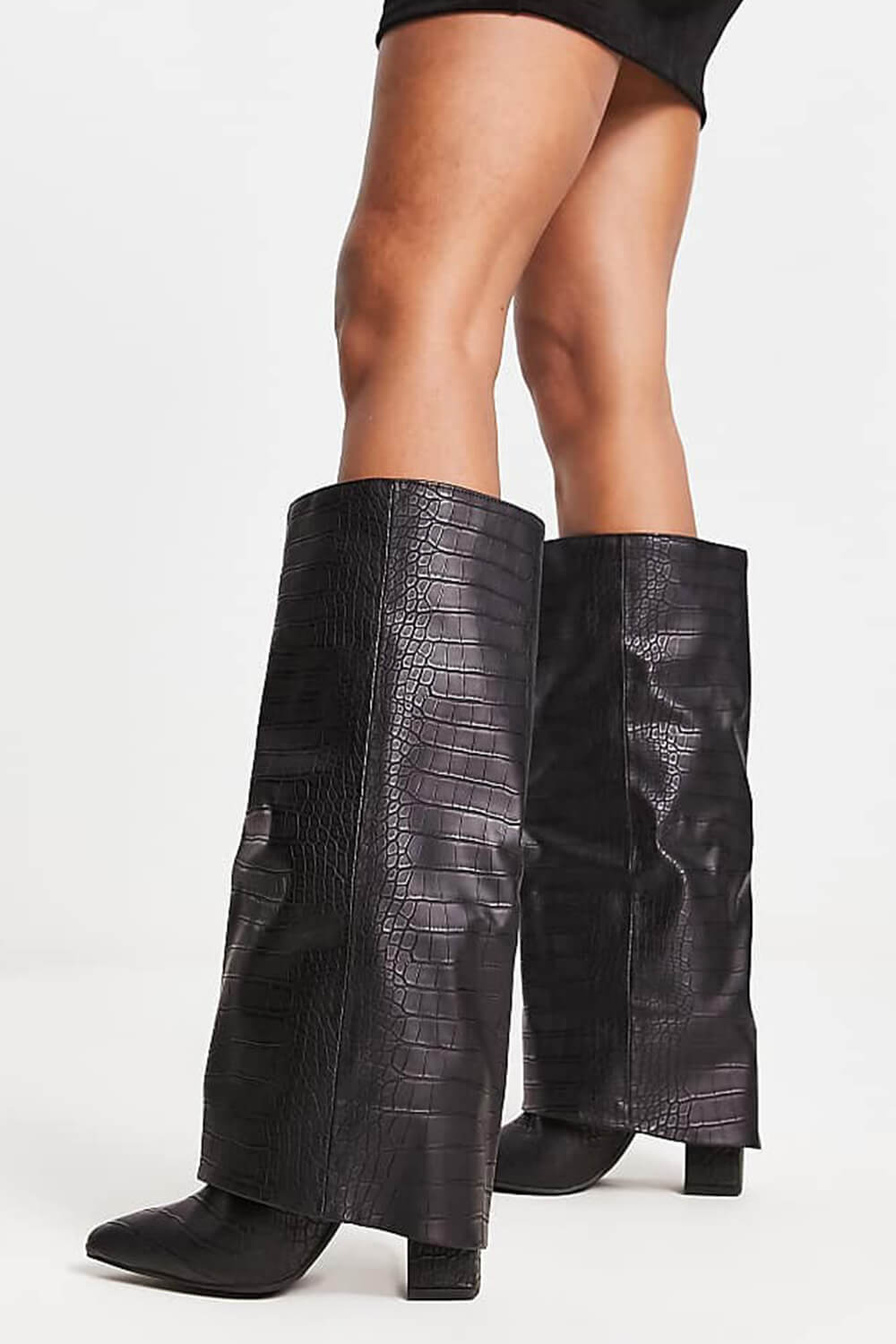 Faux Croc Leather Foldover Knee High Blocked Boots