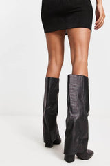 Faux Croc Leather Foldover Knee High Blocked Boots