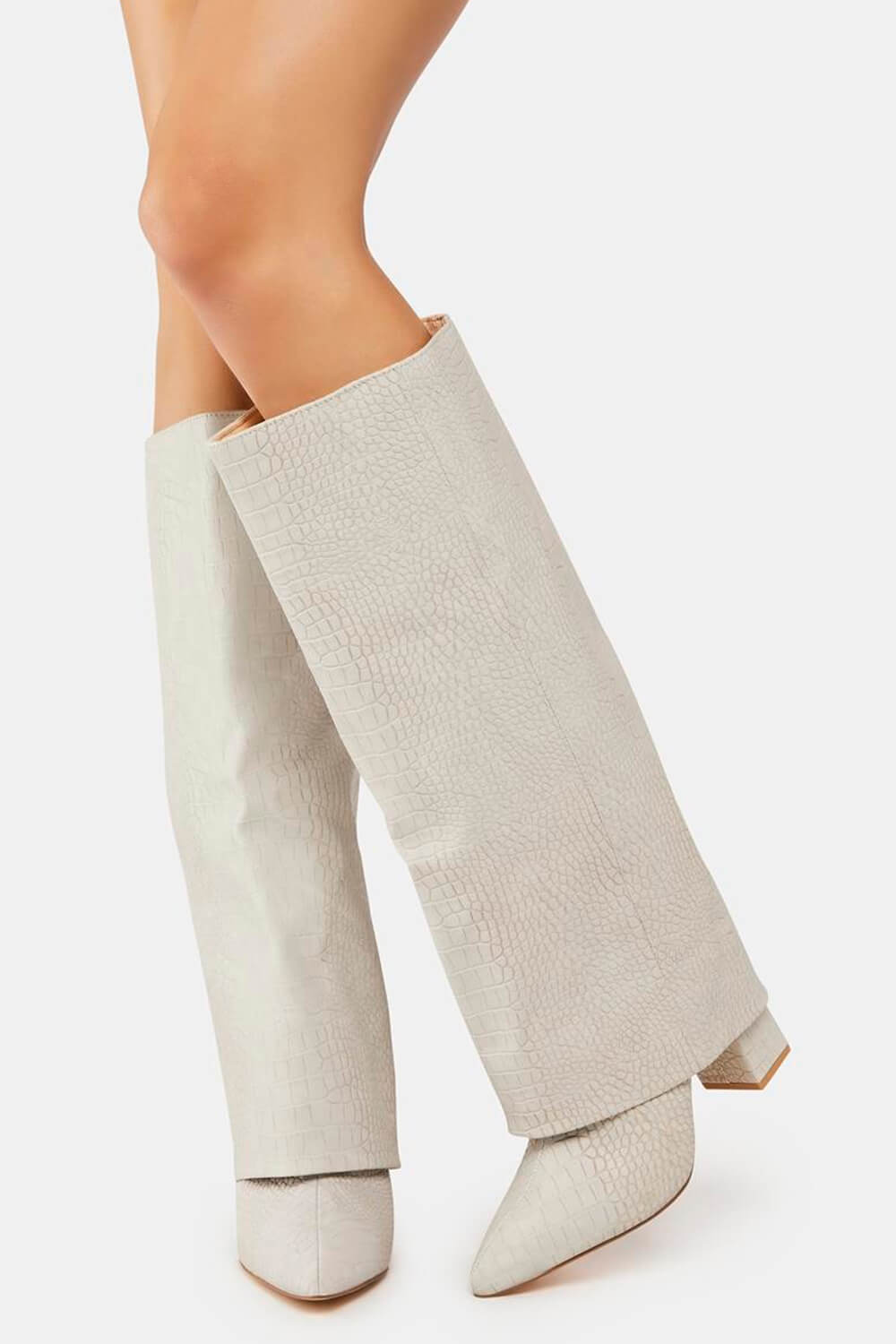 Faux Croc Leather Foldover Knee High Blocked Boots