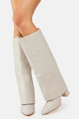 Faux Croc Leather Foldover Knee High Blocked Boots
