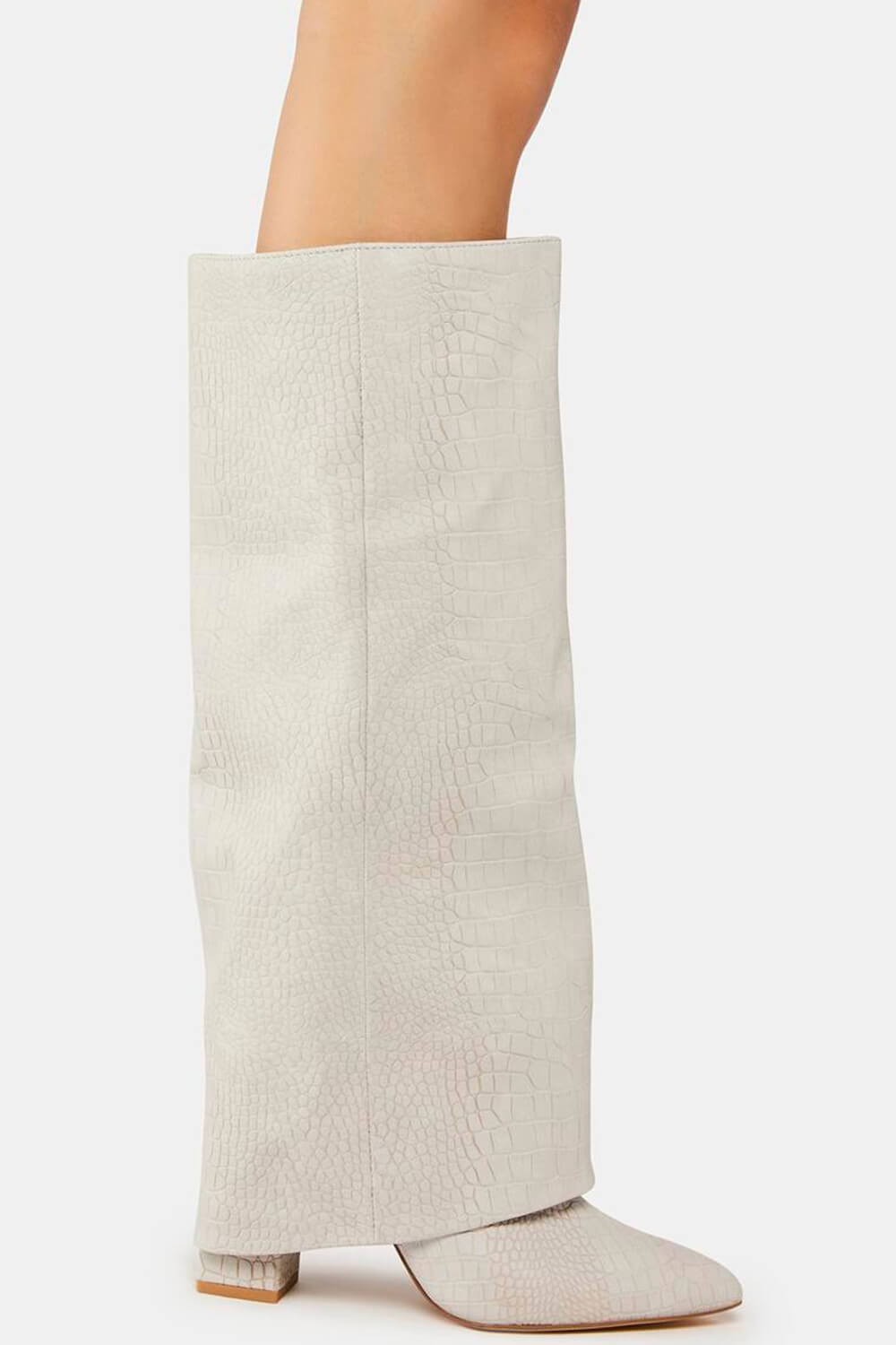 Faux Croc Leather Foldover Knee High Blocked Boots