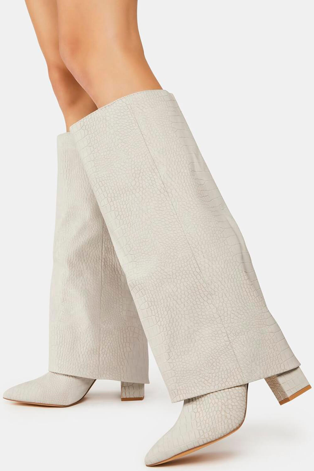 Faux Croc Leather Foldover Knee High Blocked Boots