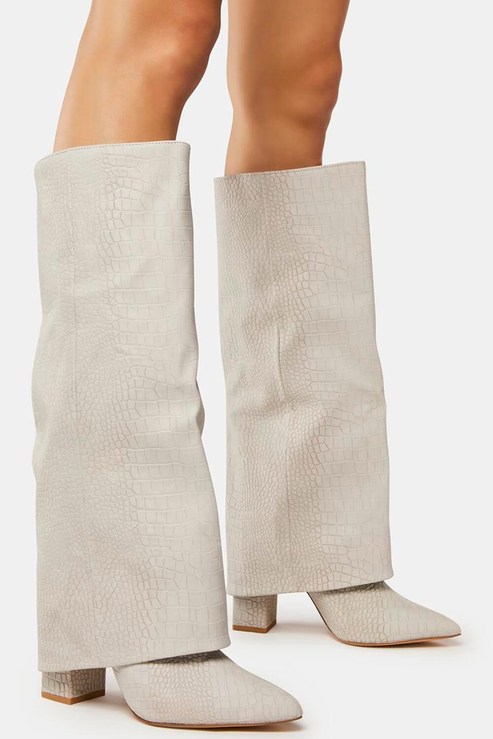 Faux Croc Leather Foldover Knee High Blocked Boots