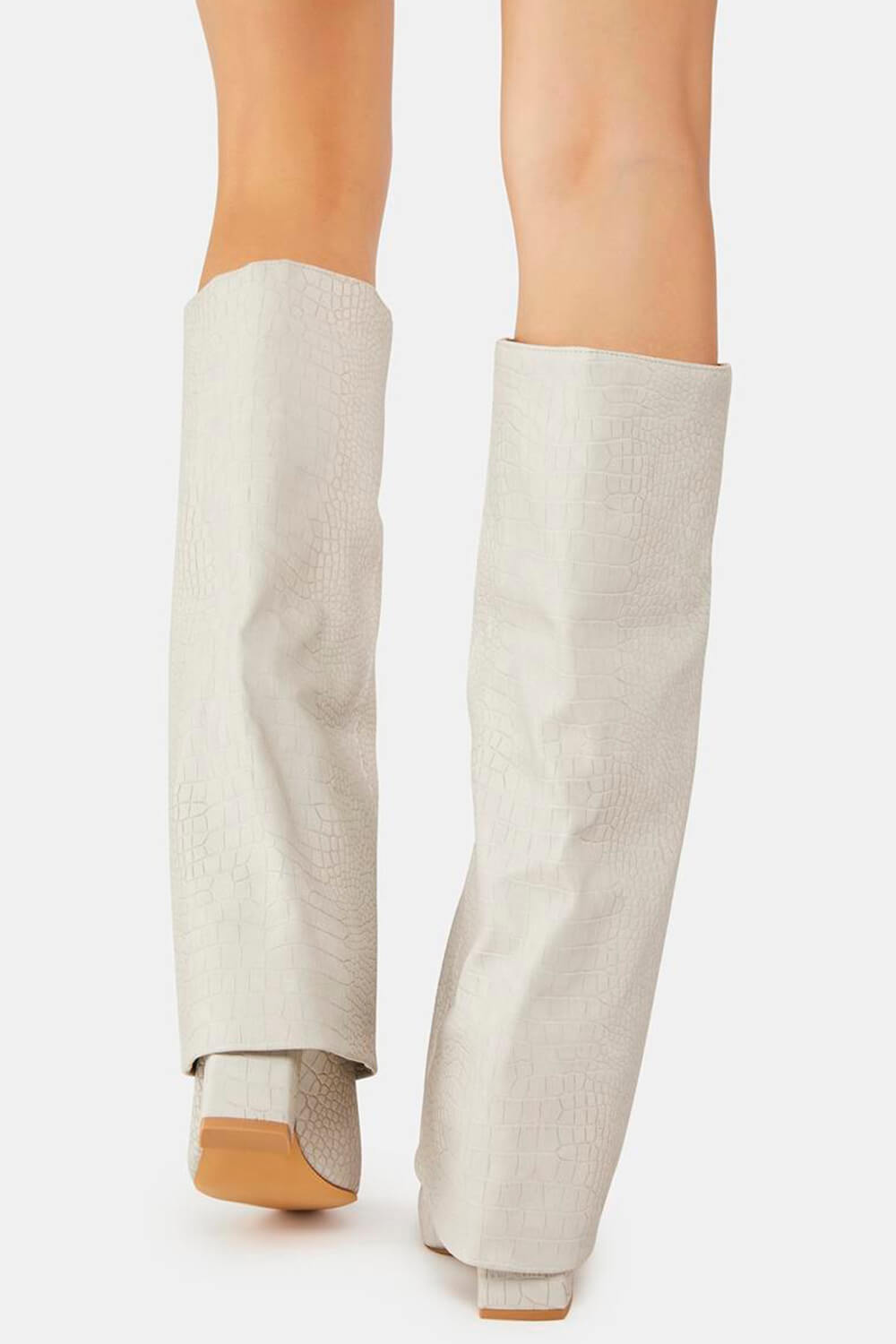 Faux Croc Leather Foldover Knee High Blocked Boots