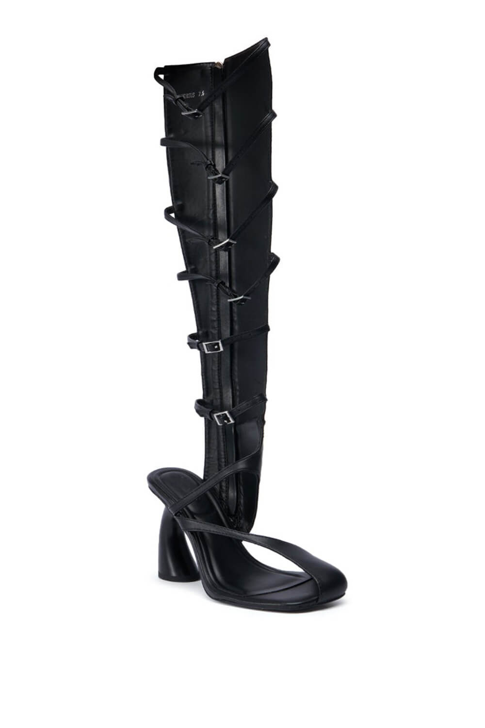 Black Faux Leather Multi Strap Asymmetrical Gladiator Sandal