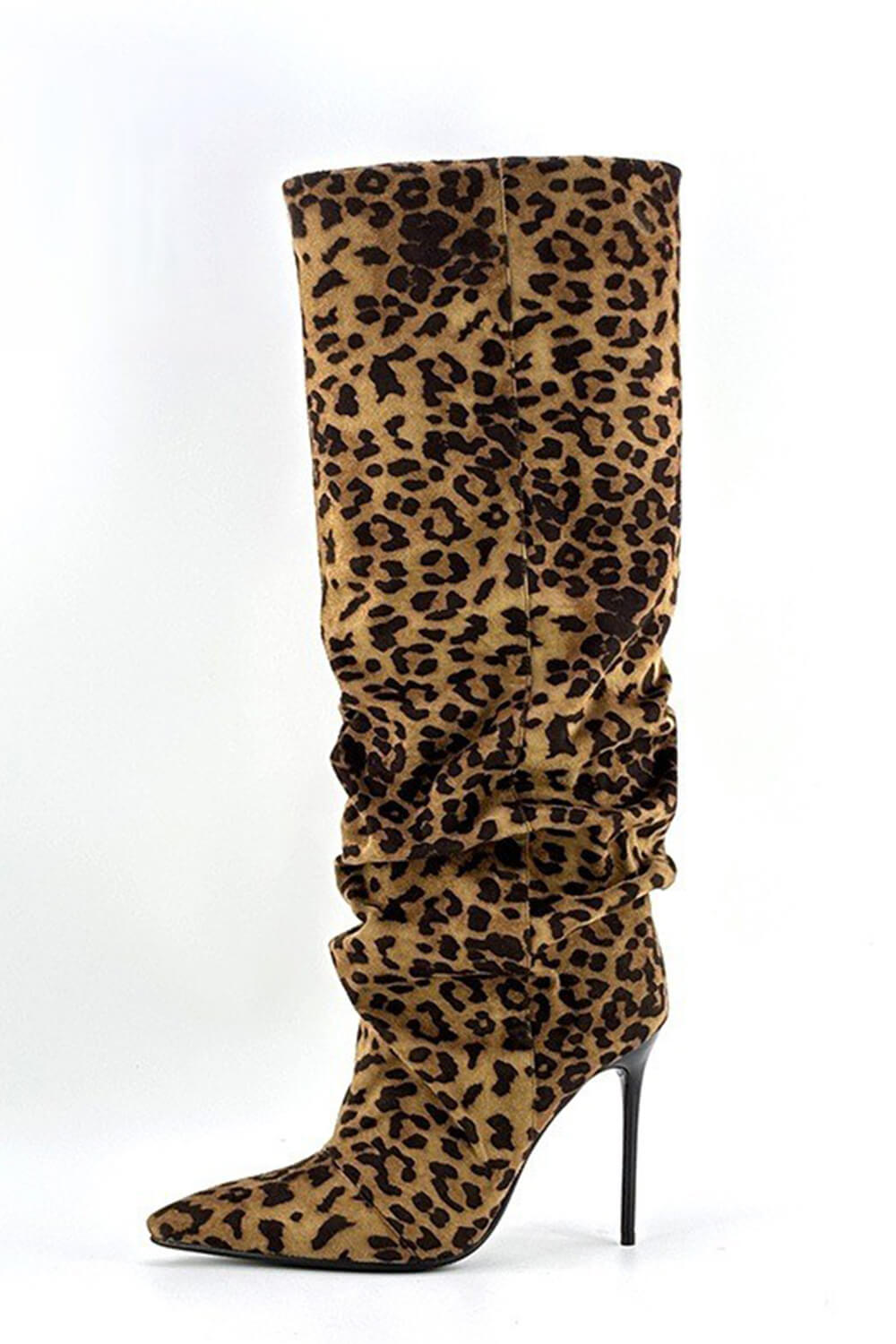 Leopard Suede Ruched Knee High Heeled Boots
