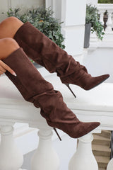 Faux Suede Ruched Knee High Heeled Boots