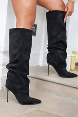 Faux Suede Ruched Knee High Heeled Boots