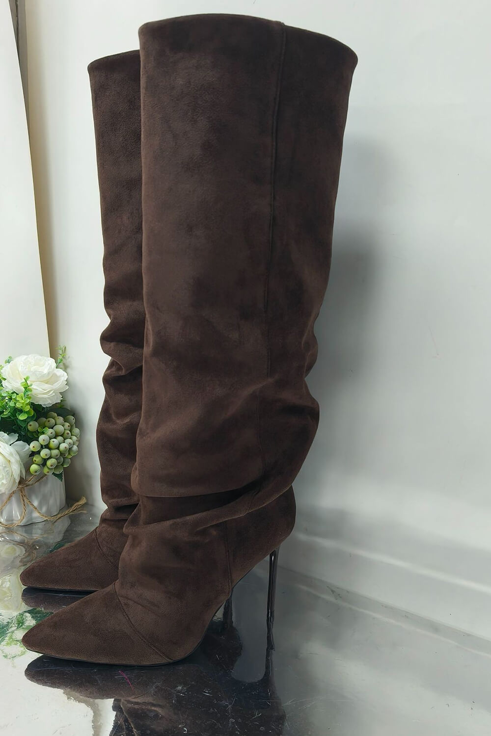Faux Suede Ruched Knee High Heeled Boots