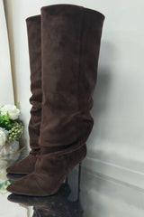 Faux Suede Ruched Knee High Heeled Boots