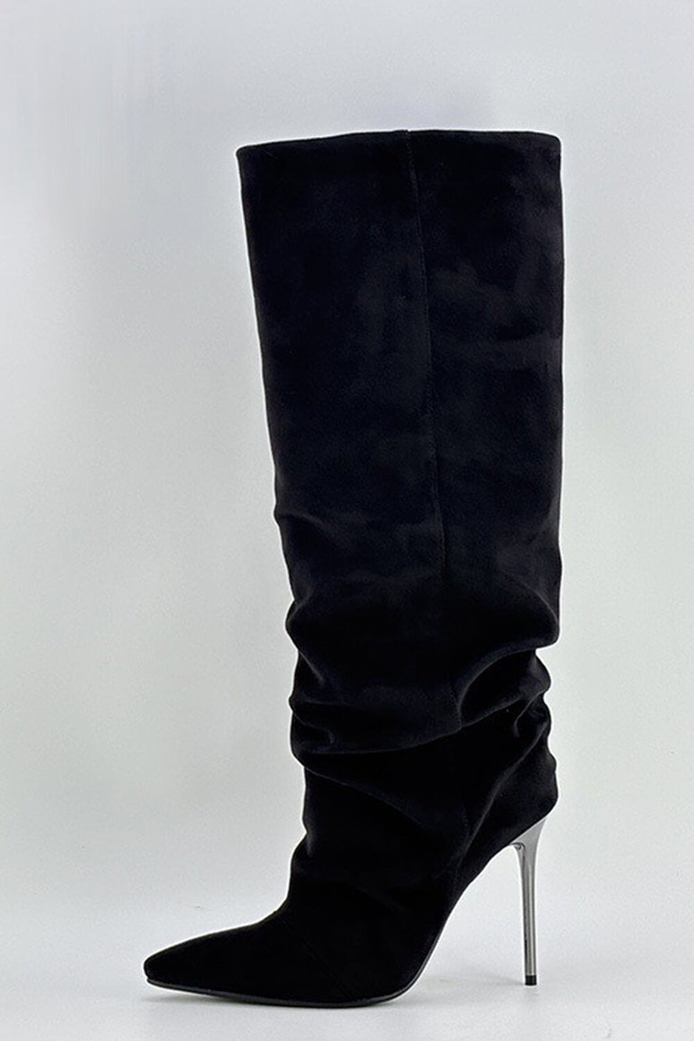 Faux Suede Ruched Knee High Heeled Boots