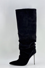 Faux Suede Ruched Knee High Heeled Boots