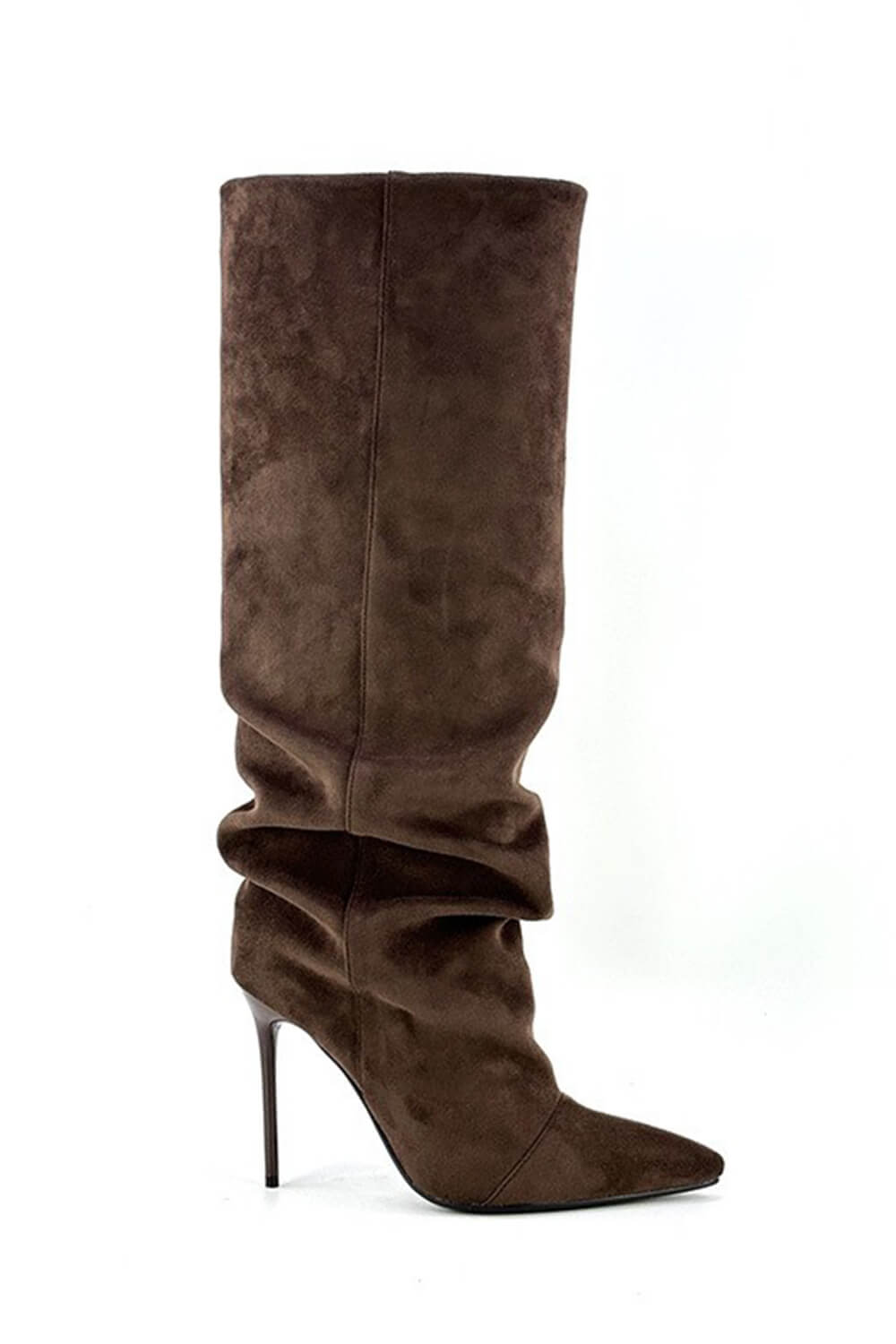 Faux Suede Ruched Knee High Heeled Boots