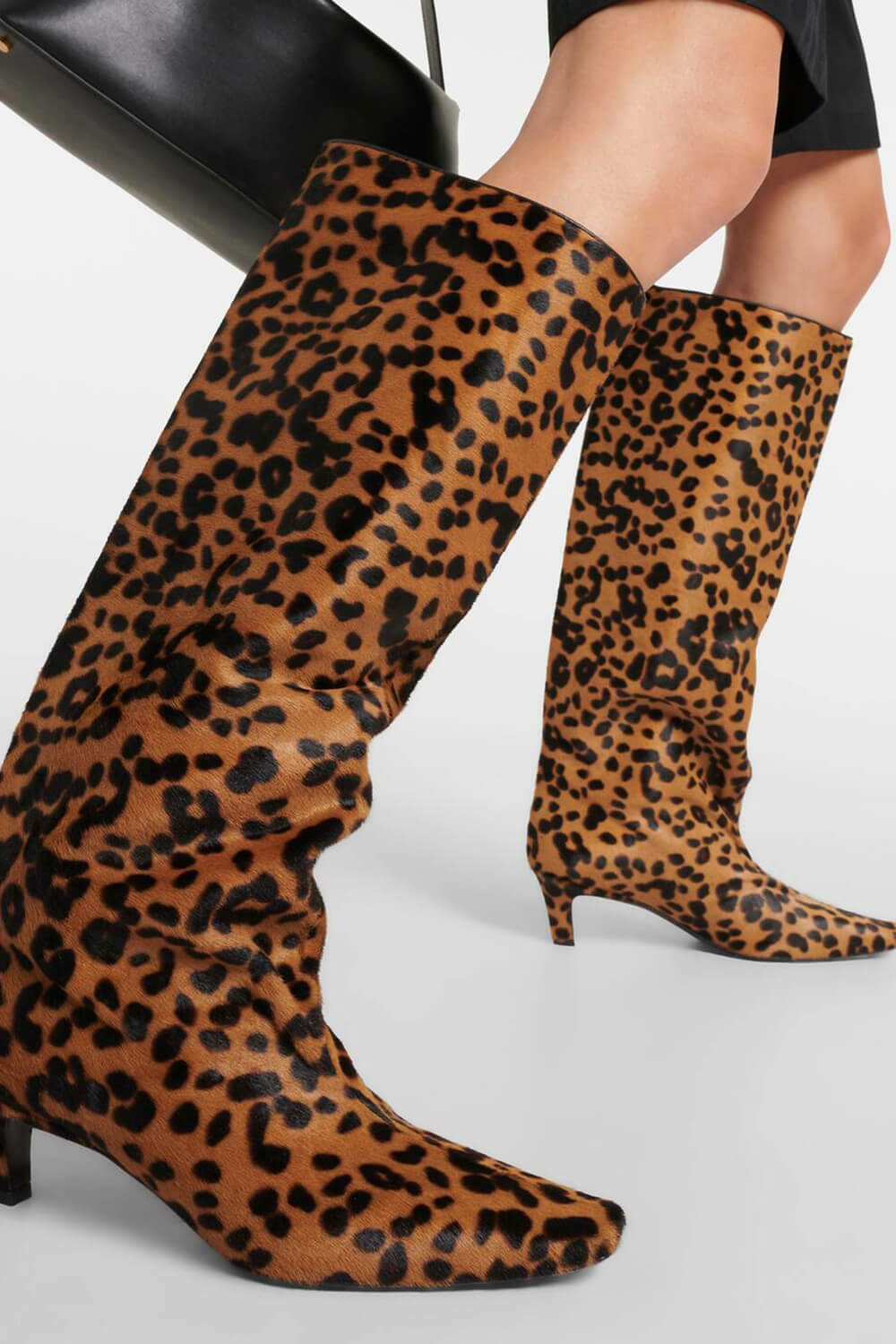 Animal Print Wide Shaft Long Hair Knee-High Kitten Heel Boots