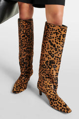 Animal Print Wide Shaft Long Hair Knee-High Kitten Heel Boots