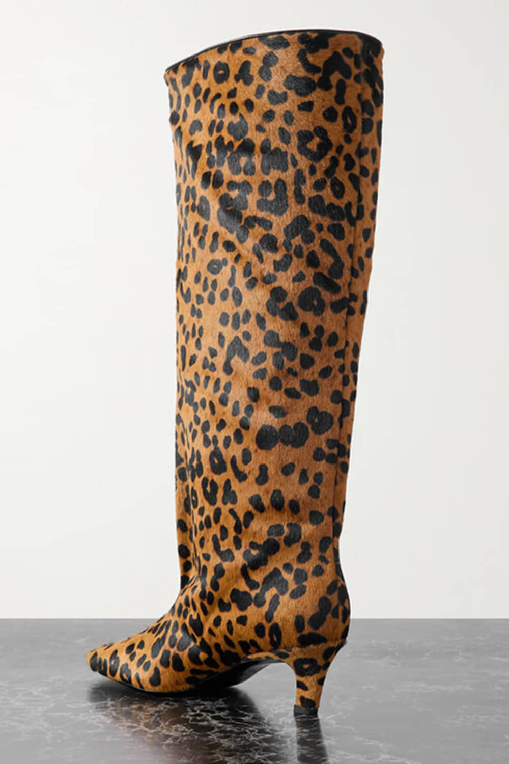Animal Print Wide Shaft Long Hair Knee-High Kitten Heel Boots