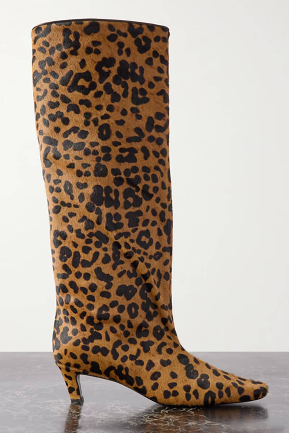 Animal Print Wide Shaft Long Hair Knee-High Kitten Heel Boots
