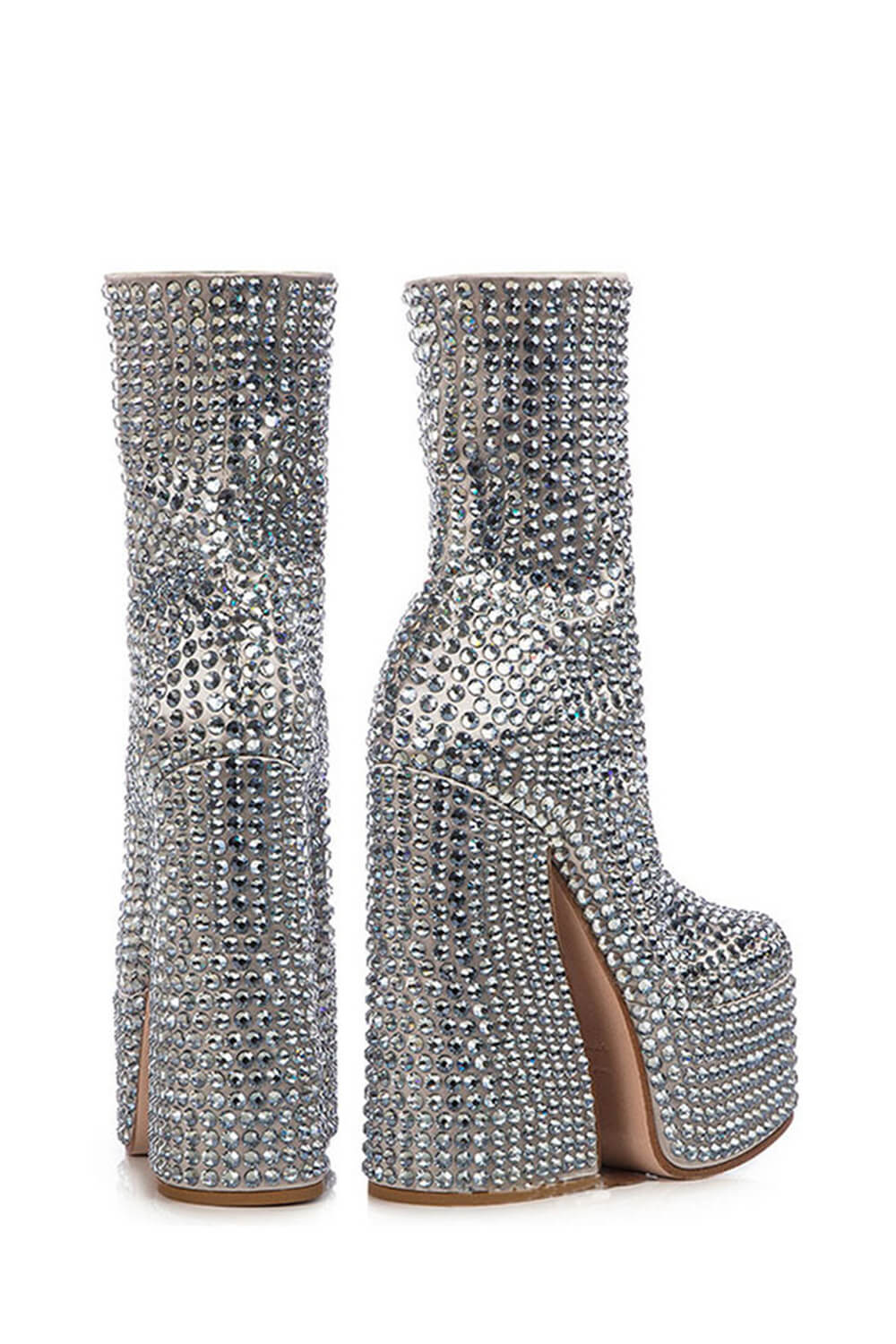 Rhinestone-Embellished Platform High Block Heel Ankle Bootie