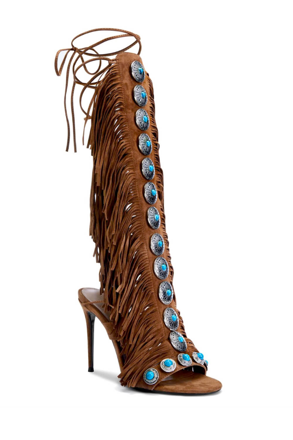 Studded Fringe Lace Up Stiletto Heel Sandal
