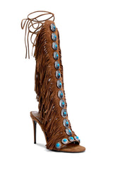 Studded Fringe Lace Up Stiletto Heel Sandal