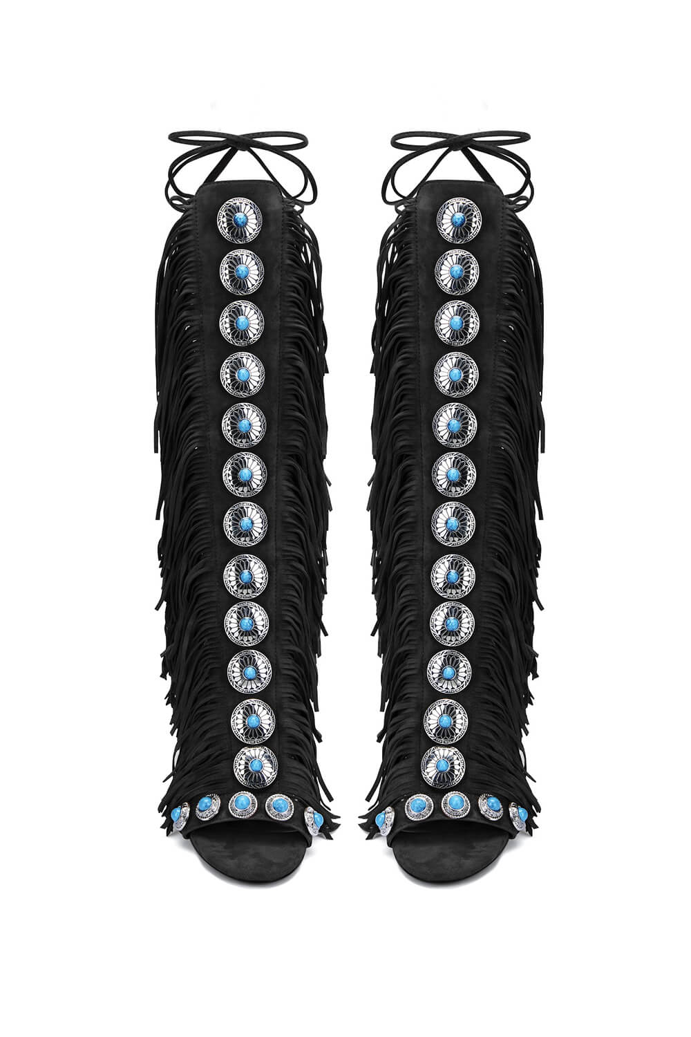 Studded Fringe Lace Up Stiletto Heel Sandal