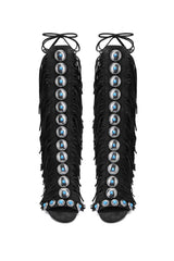 Studded Fringe Lace Up Stiletto Heel Sandal