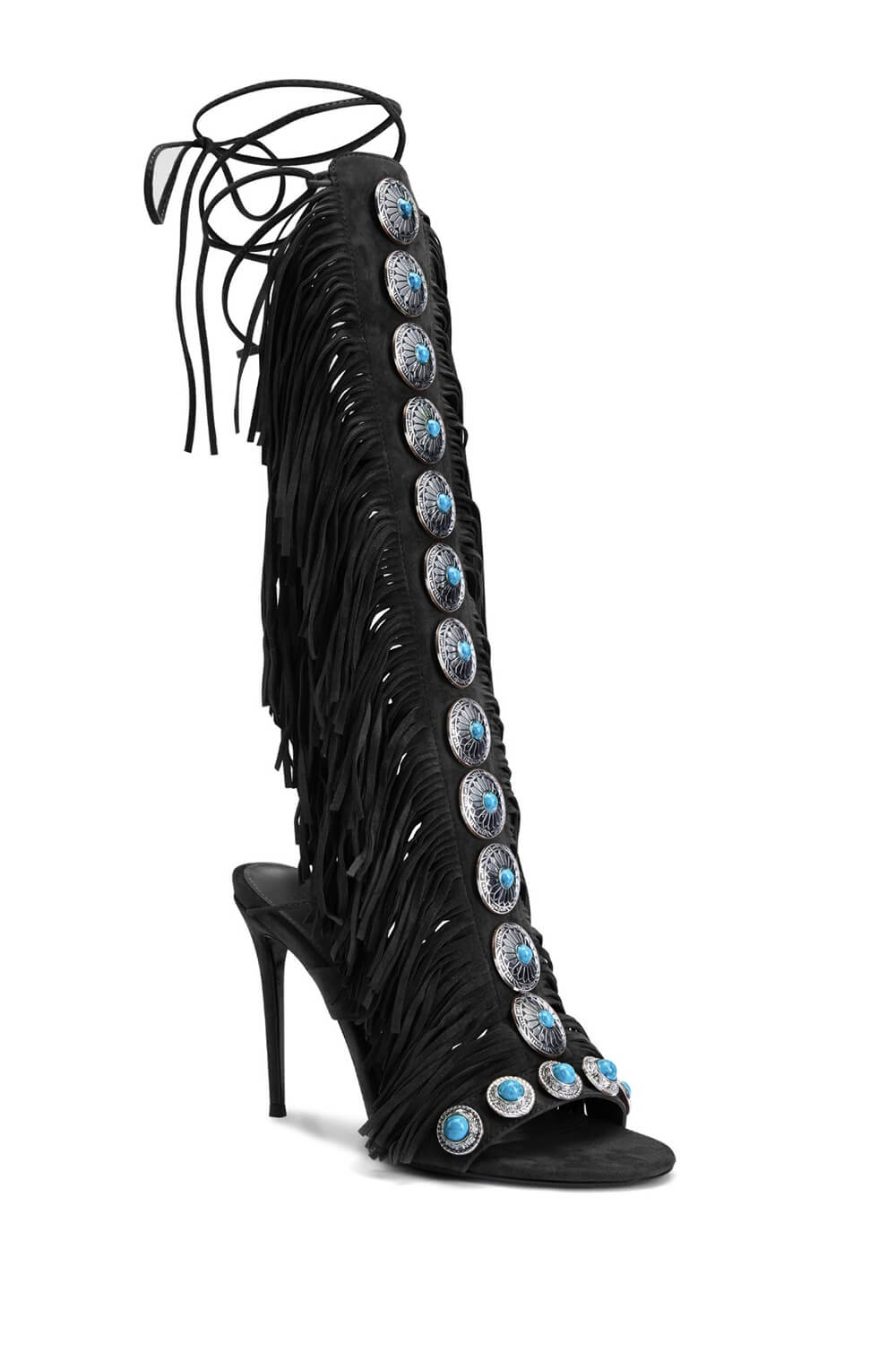 Studded Fringe Lace Up Stiletto Heel Sandal