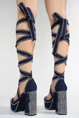 Rhinestone-Embellished Lace Up Chunky Platform Block Heels