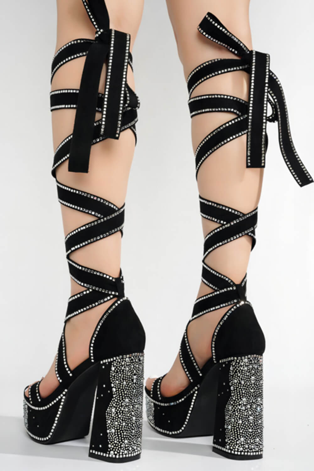Rhinestone-Embellished Lace Up Chunky Platform Block Heels