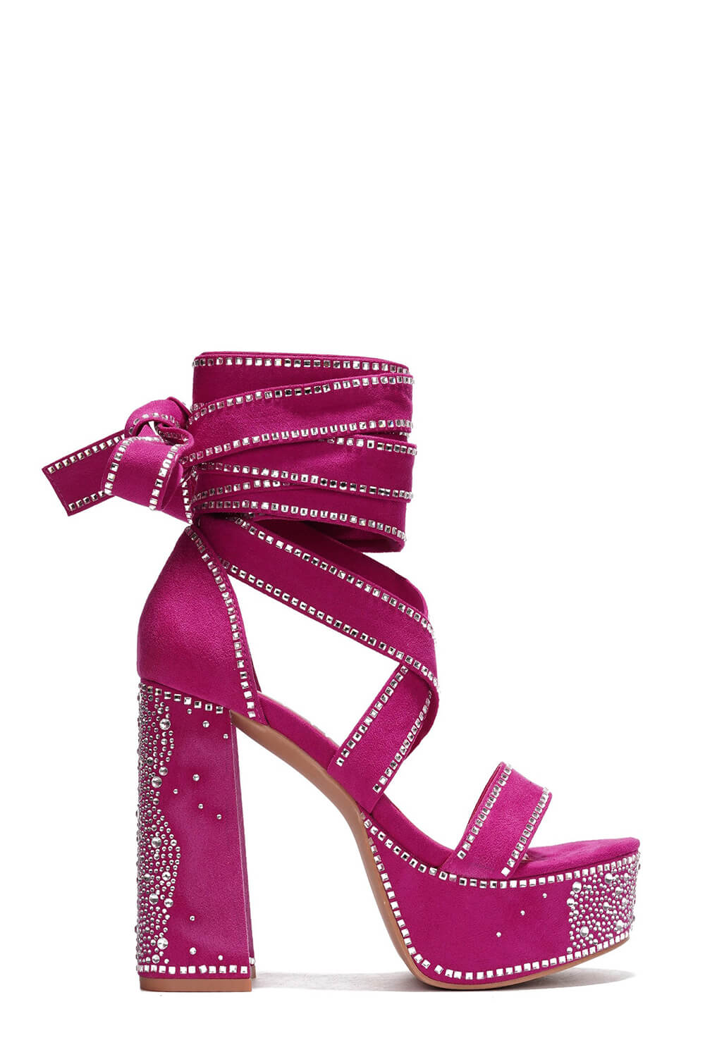 Rhinestone-Embellished Lace Up Chunky Platform Block Heels