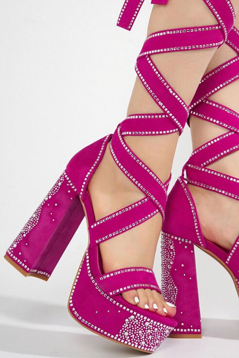 Rhinestone-Embellished Lace Up Chunky Platform Block Heels