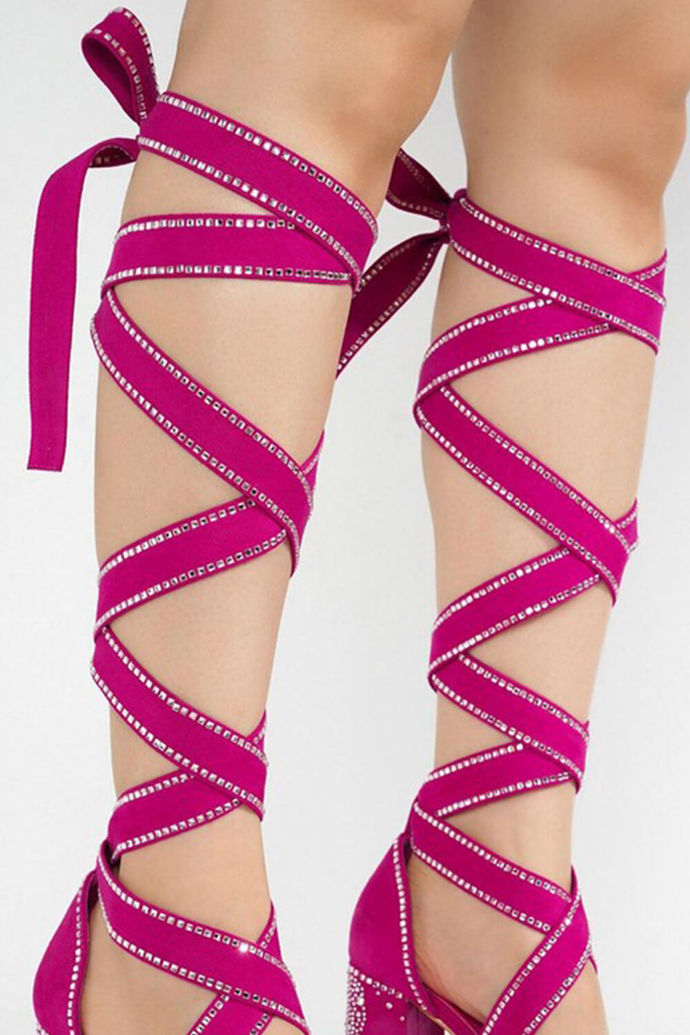 Rhinestone-Embellished Lace Up Chunky Platform Block Heels