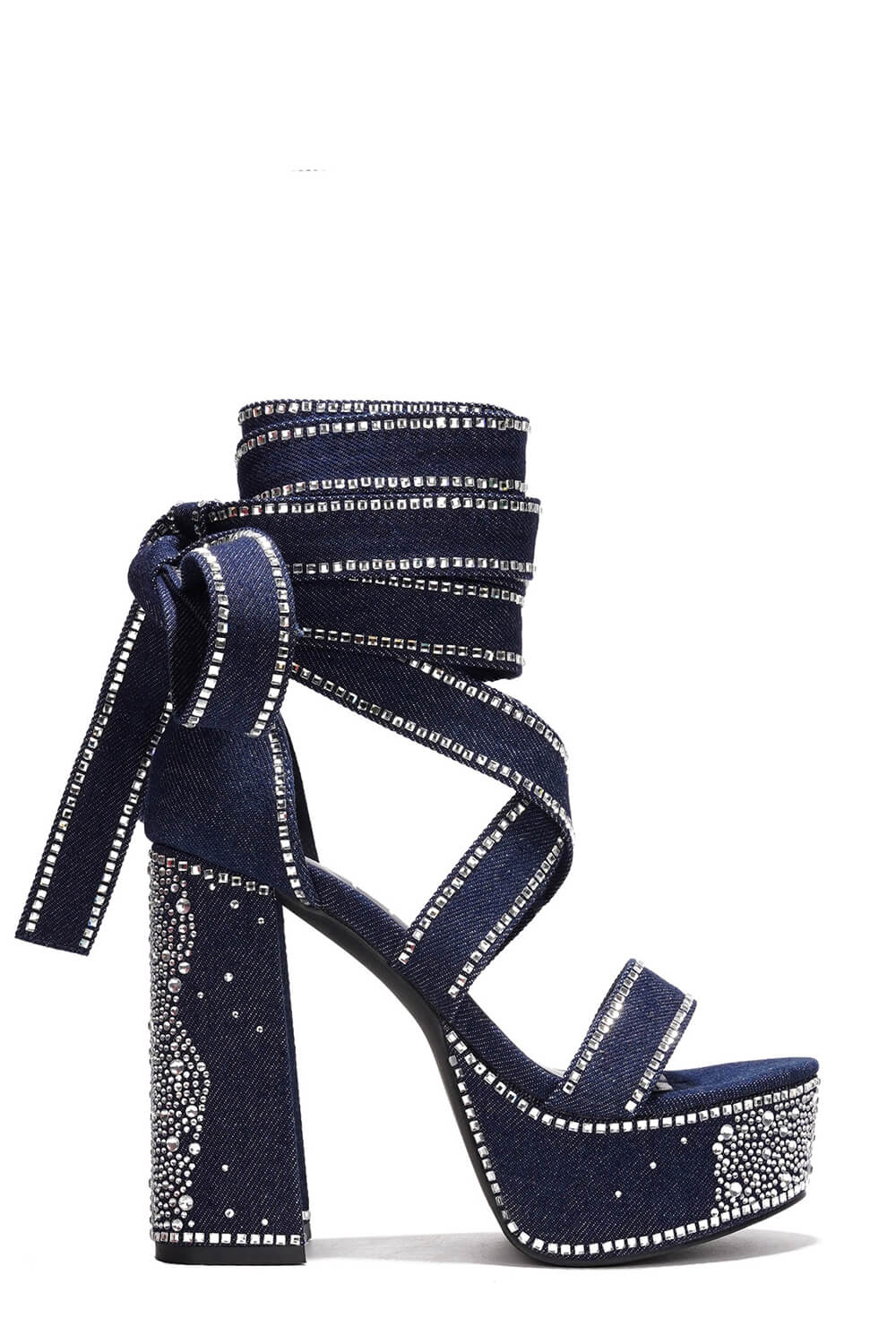 Rhinestone-Embellished Lace Up Chunky Platform Block Heels