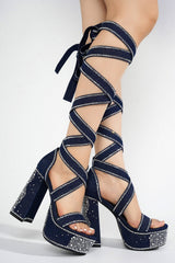 Rhinestone-Embellished Lace Up Chunky Platform Block Heels